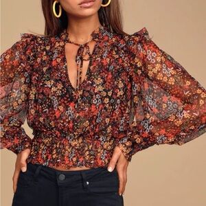 Free People Twyla Blouse Top Smocked Floral Black Mesh Women’s Size S
